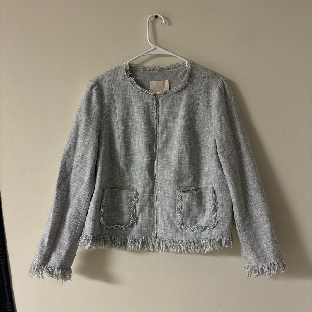 Rebecca Taylor Cropped Fringe Jacket Size 12 Gray Tweed Zip Front